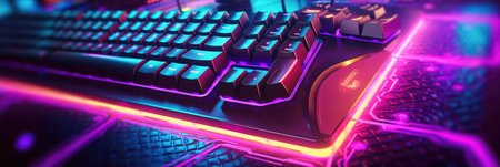 Ultra futuristic keyboard and mouse with neon colors Generative AI Illustration.の素材