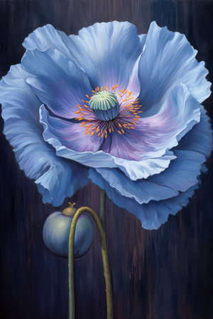 Oil painting of a beautiful blue poppy Generative AI Illustration.の素材