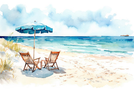 Watercolor painting draw of a beach scene with chairs sea and sand Generative AI Illustration.の素材
