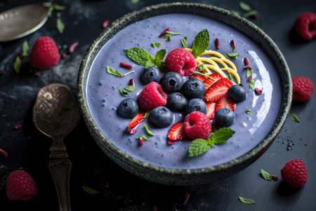 A healthy blueberry super-food smoothie bowl Generative AI Illustration.の素材