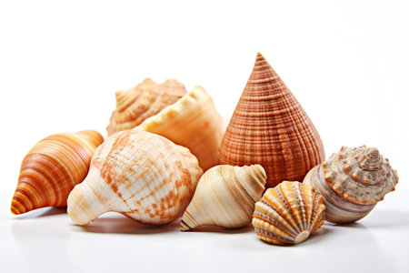 Several sea shells on a white background Generative AI Illustration.の素材