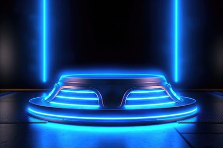 Futuristic background of a stage with blue lighting effects for presentation Generative AI Illustration.の素材