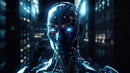 A robot in an data center with technological and Artificial Intelligence environment Generative AI Illustration.の素材