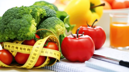 Background with fruits and vegetables and a tape measure healthy eating regimen Generative AI Illustration.の素材