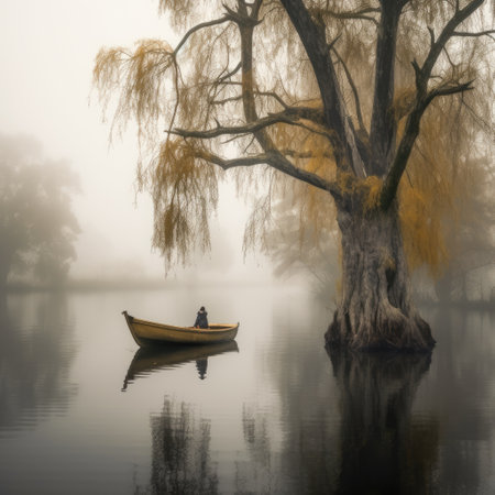 A solitary boat floating on a misty lake in a relaxing environment Generative AI Illustration.の素材