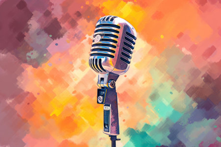Colorful watercolor painting of a vintage old microphone Generative AI Illustration.の素材