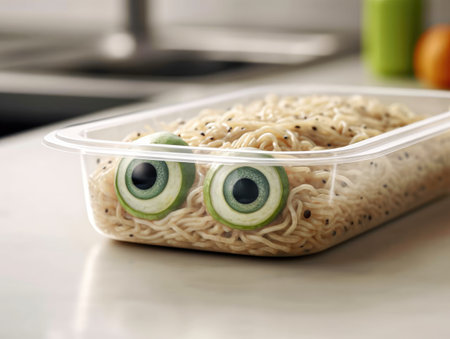 A plastic food tray with spaghetti pasta noodles and eyes Generative AI Illustration.の素材