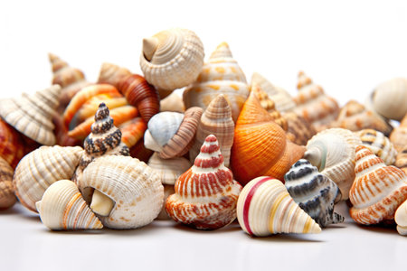 Several sea shells on a white background Generative AI Illustration.の素材