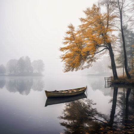 A solitary boat floating on a misty lake in a relaxing environment Generative AI Illustration.の素材