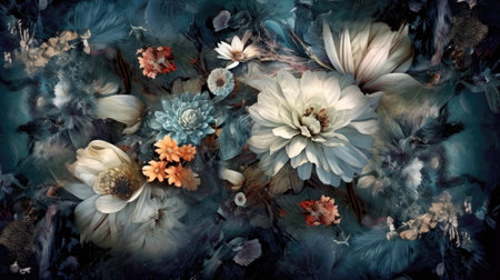 Dark moody floral art digital backdrop Generative AI Illustration.の素材