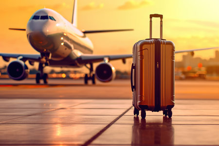 A suitcase on the floor of an airport with a blurred background Generative AI Illustration.の素材
