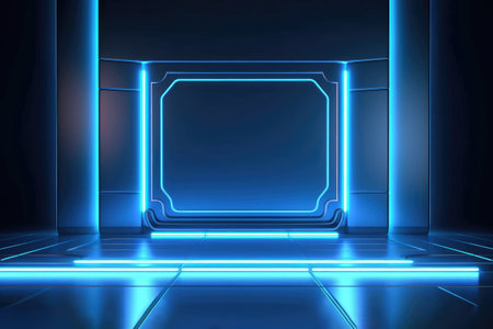 Futuristic background of a stage with blue lighting effects for presentation Generative AI Illustration.の素材