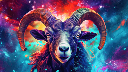Digital colorful art composition illustration of a goat with two horns Generative AI.の素材