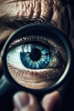 A man looking through a magnifying glass big eye Generative AI Illustration.の素材