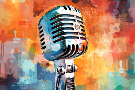Colorful watercolor painting of a vintage old microphone Generative AI Illustration.の素材