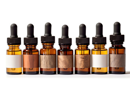 Set of amber glass bottles with empty labels with essential oil for the body with white background Generative AI Illustration.の素材
