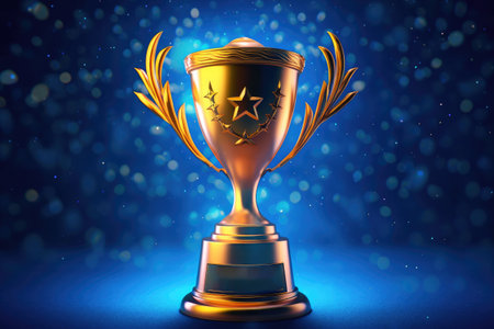 Champion golden trophy with gold stars and blurred background Generative AI Illustration.の素材