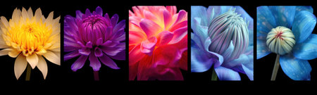 Set of beautiful and colorful flowers banner with black background Generative AI Illustration.の素材