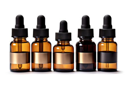 Set of amber glass bottles with empty labels with essential oil for the body with white background Generative AI Illustration.の素材
