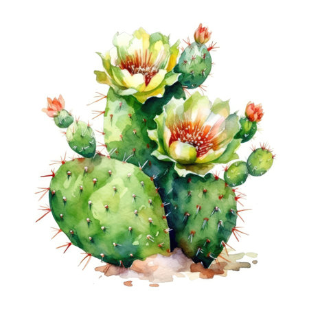 Watercolor painting cactus plant with flowers with beautiful white background Generative AI Illustration.の素材