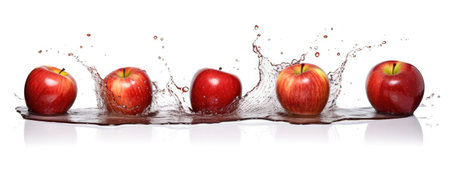 Set of healthy raw ripe fresh red apples with water splashing effect on a white background Generative AI Illustration.の素材