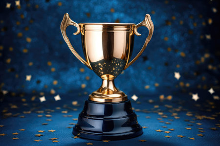 Champion golden trophy with gold stars and blurred background Generative AI Illustration.の素材