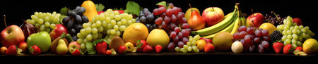 Beautiful and colorful fruits banner with black background Generative AI Illustration.の素材