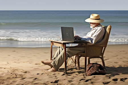 An old man sitting in his chair and working on his laptop on the beach sand Generative AI Illustration.の素材