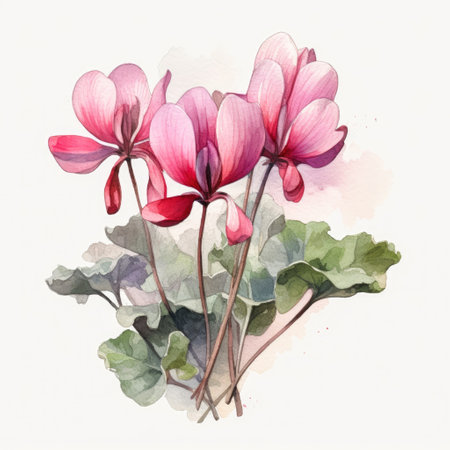 Watercolor painting of a cyclamen flower with white background Generative AI Illustration.の素材