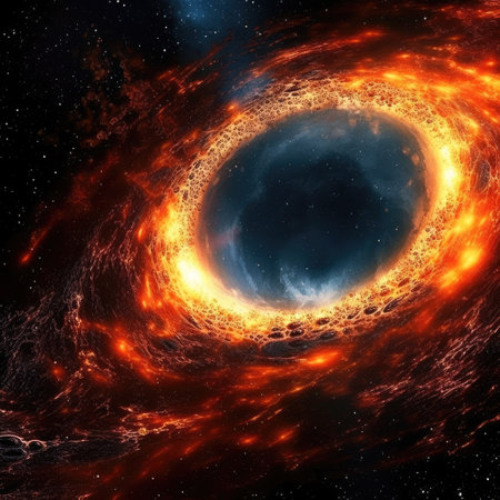 Black hole in the middle of the galaxy cosmos with fire dust effects Generative AI Illustration.の素材