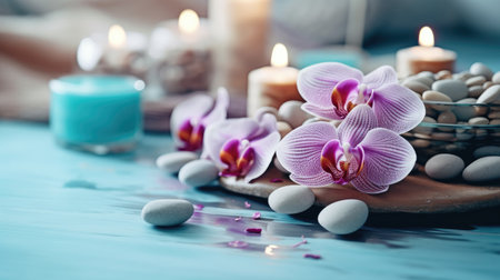 Candles and flowers in a calm relaxing and soothing SPA environment Generative AI Illustration.の素材