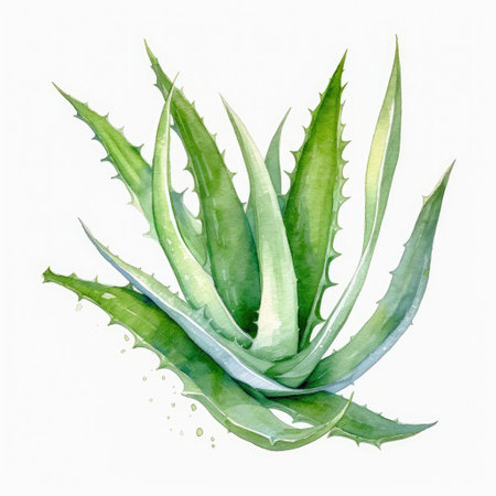 Watercolor painting of aloe vera leaves on white background Generative AI Illustration.の素材