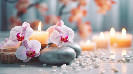 Candles and flowers in a calm relaxing and soothing SPA environment Generative AI Illustration.の素材