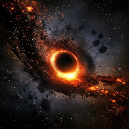 Black hole in the middle of the galaxy cosmos with fire dust effects Generative AI Illustration.の素材