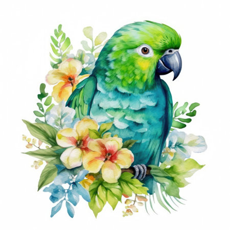 Watercolor painting of a beautiful green parrot with flowers on white background Generative AI Illustration.の素材