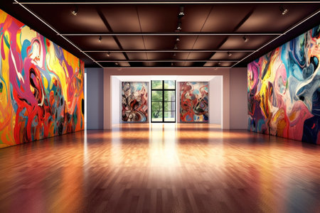 Art living room background decorated with abstract paintings Generative AI Illustration.の素材