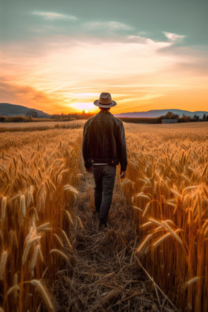 A man with a cowboy hat walking in a wheat field at sunset in nature sense of freedom Generative AI Illustration.の素材