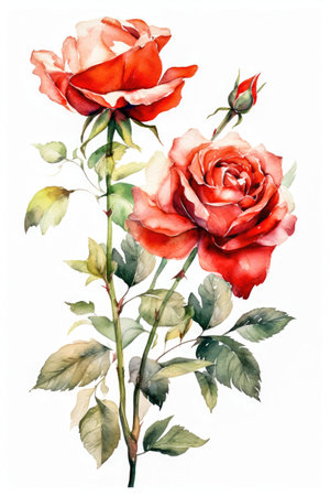 Watercolor beautiful red roses painting with green leaves and white background Generative AI Illustration.の素材