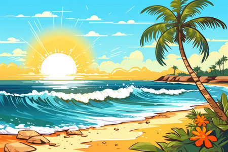 Illustration background of a beach ocean sand and palm trees in summer vacation sunset Generative AI.の素材