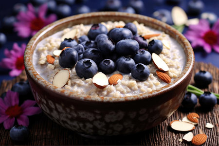 A healthy oatmeal with blueberries and almonds super-food smoothie bowl Generative AI Illustration.の素材