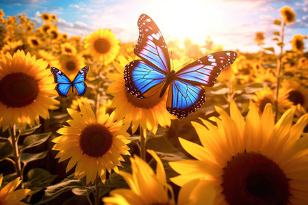 Beautiful summer natural background scene with a field of sunflowers and blue butterflies Generative AI Illustration.の素材