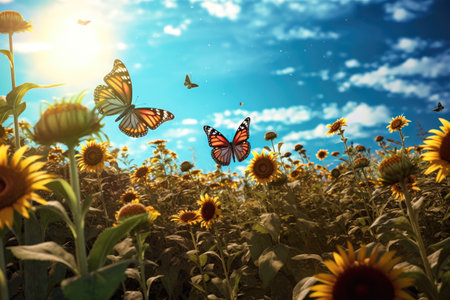 Beautiful summer natural background scene with a field of sunflowers and blue butterflies Generative AI Illustration.の素材