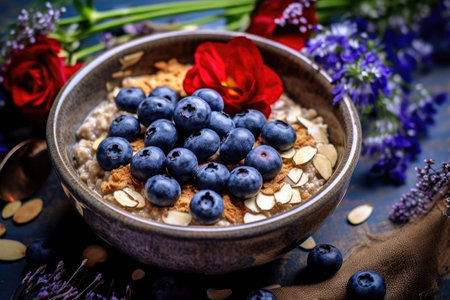 A healthy oatmeal with blueberries and almonds super-food smoothie bowl Generative AI Illustration.の素材