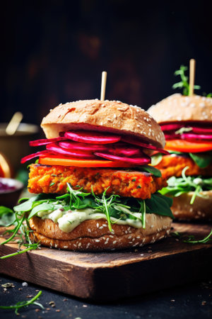 Healthy vegan beet burgers with raw plants and fresh vegetables on a dark rustic background Generative AI Illustration.の素材
