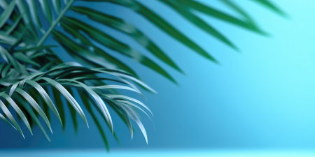 Minimal abstract tropical background with palm leave and blurred blue wall Generative AI Illustration.の素材