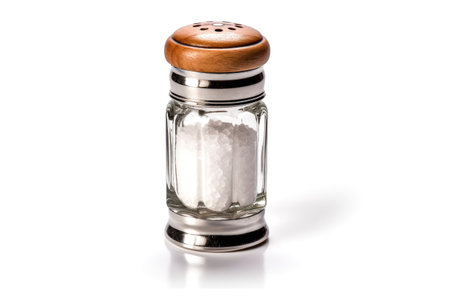 Transparent salt shaker of glass wood and metal isolated on white background Generative AI Illustration.の素材