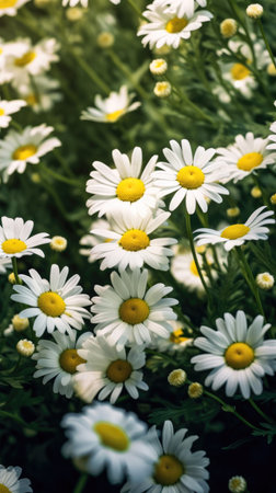 Portrait background of beautiful daisies in a flower wild field Generative AI Illustration.の素材