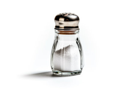 Transparent salt shaker of glass and metal isolated on white background Generative AI Illustration.の素材