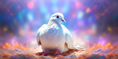 Holy Spirit dove resting in the ground with open wings with blurred background and lighting effects Generative AI Illustration.の素材