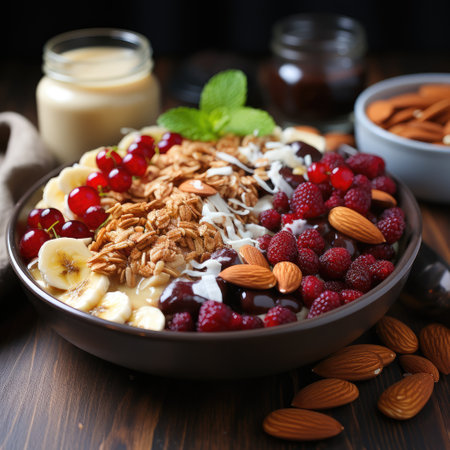 Granola mixture of nuts berries and fruit breakfast healthy food diet Generative AI Illustration.の素材